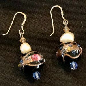 Vintage 1990s Handblown Glass, Natural Pearl, Sterling Silver Artisan Earrings